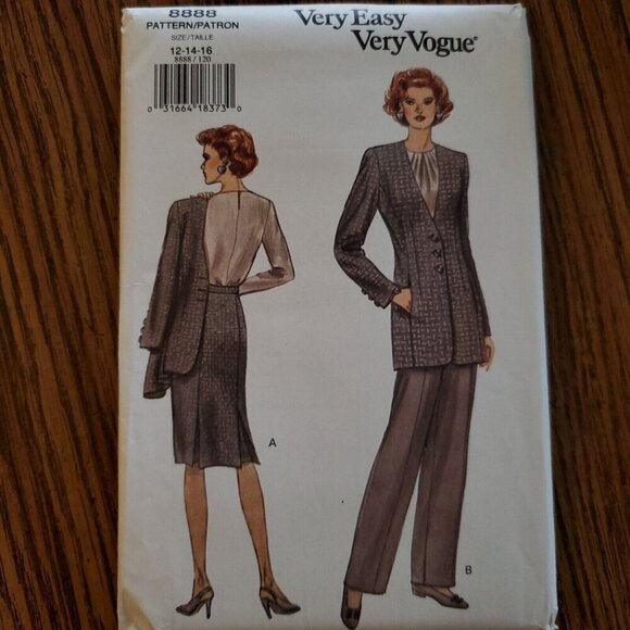90s Vogue Pattern 8888 Semi Fitted Below Hip Jacket V Neck Skirt Pants 12 14 16 - Picture 2 of 3